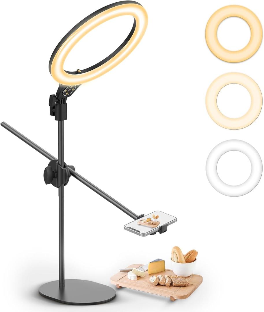 [Upgraded Base] ULANZI Overhead Phone Mount with 10" Selfie Ring Light, Tabletop Light Stand with 360 Shooting Arm, 3500k-6500K Dimmable Ring Light for Video Recording, Live Stream, Portrait & Makeup