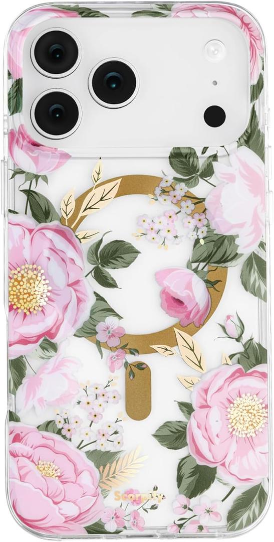 SCORPIFY for iPhone 17 Pro Max Case [Compatible with MagSafe] with Pink Peony Floral Design, Cute Clear Flower Magnetic Phone Cover for Women Girls, Slim Shockproof Bumper with Gold Accents