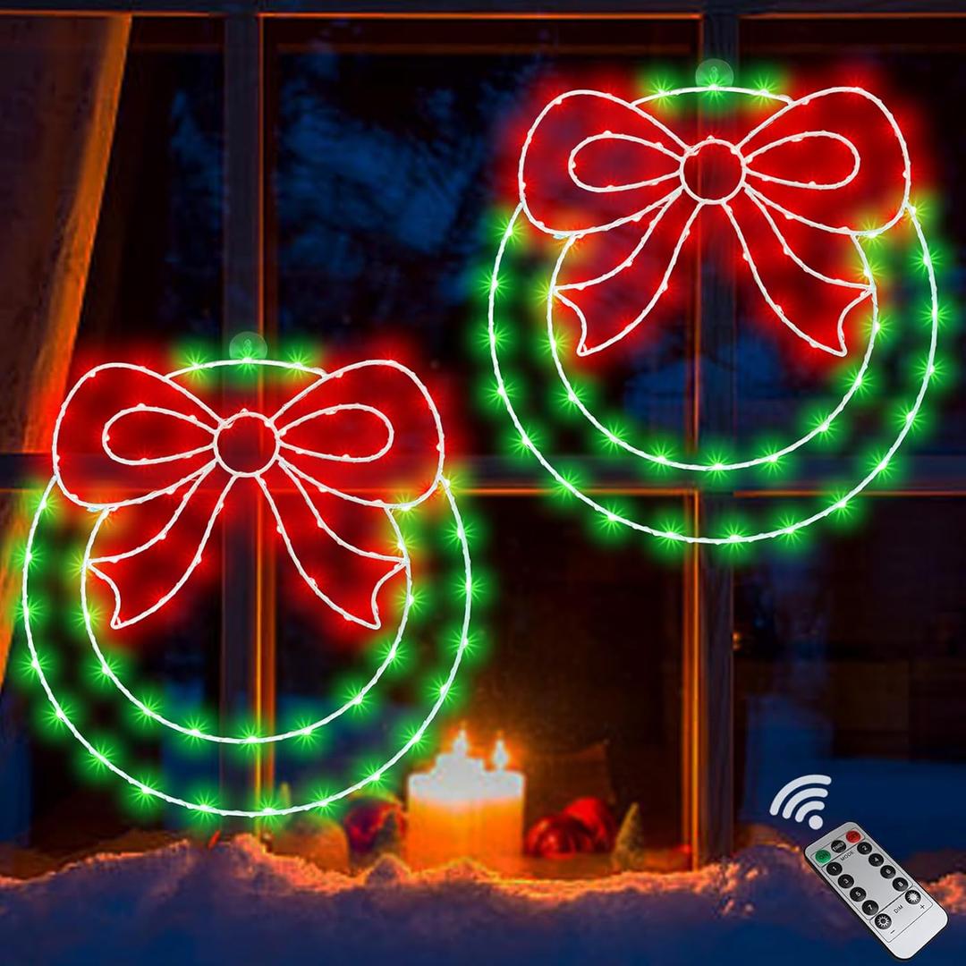 Christmas Wreath Window Lights Decorations, 2 Packs 14" Christmas Window Lights with Bow, Timer Remote Control USB Powered Window Silhouette Light for Door Home Winter Xmas Party