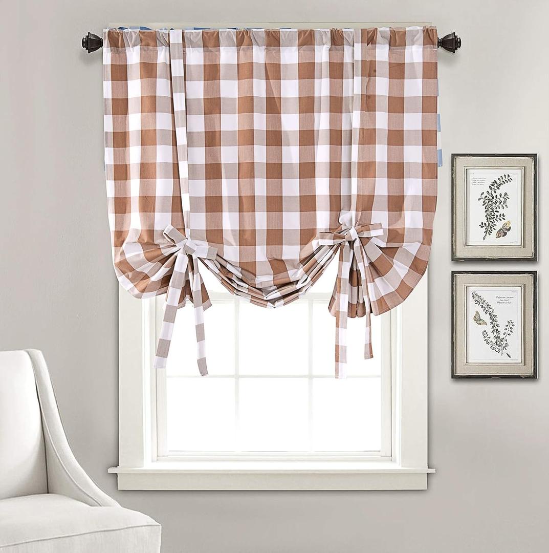 Buffalo Checker Thermal Insulated Curtain Adjustable Tie Up Shade Rod Pocket Panel for Small Window Single 45 Inch by 63 Inch Taupe