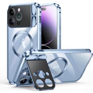 iPhone 15 Pro Case Double Sided Buckle, Compatible with Magsafe Magnetic Adsorption Metal Bumper, with Camera Cover, Full Body Protection Metal Bumper Case (Blue, iPhone 15 Pro)