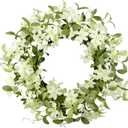 WreathDream 18'' Spring Wreath Summer Wreath for Front Door with Green Eucalyptus Leaves and White Cherry Blossoms for Home Outdoor Farmhouse Porch Wall Decoration, White Gift Box Included