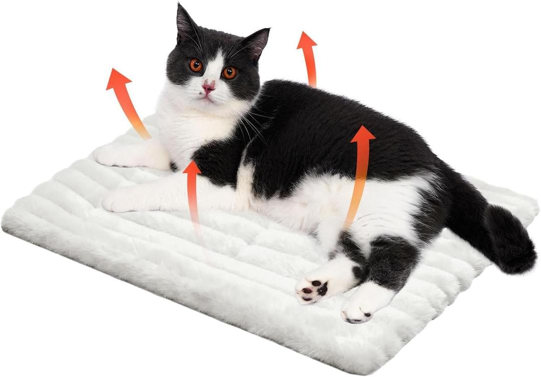 Self Warming Cat Bed, Small Self Heating Pet Crate Pad, Thermal Extra Warm Dog Mat for Indoor Kitten and Outdoor, Non Slip, Washable, 24" × 18", White
