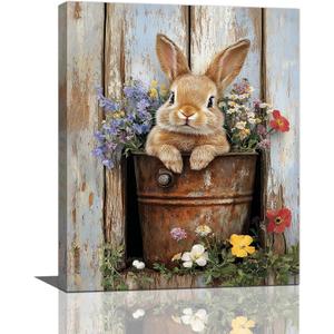 Crekviy Farmhouse Rabbit Decor Wall Art Vintage Bunny Flower Canvas Prints Painting Rustic Cute Animal Artwork Home Decorations for Bathroom Bedroom Living Room Framed Gifts 16"x20", 20L"×16W"