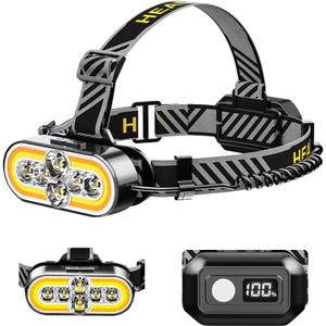 Super Bright Headlamp Rechargeable - 6 LED & 2 COB, 90 Rotating, Digital Power Display, 15 Modes with Red Light, Waterproof for Camping, Running, Mechanic, Emergency