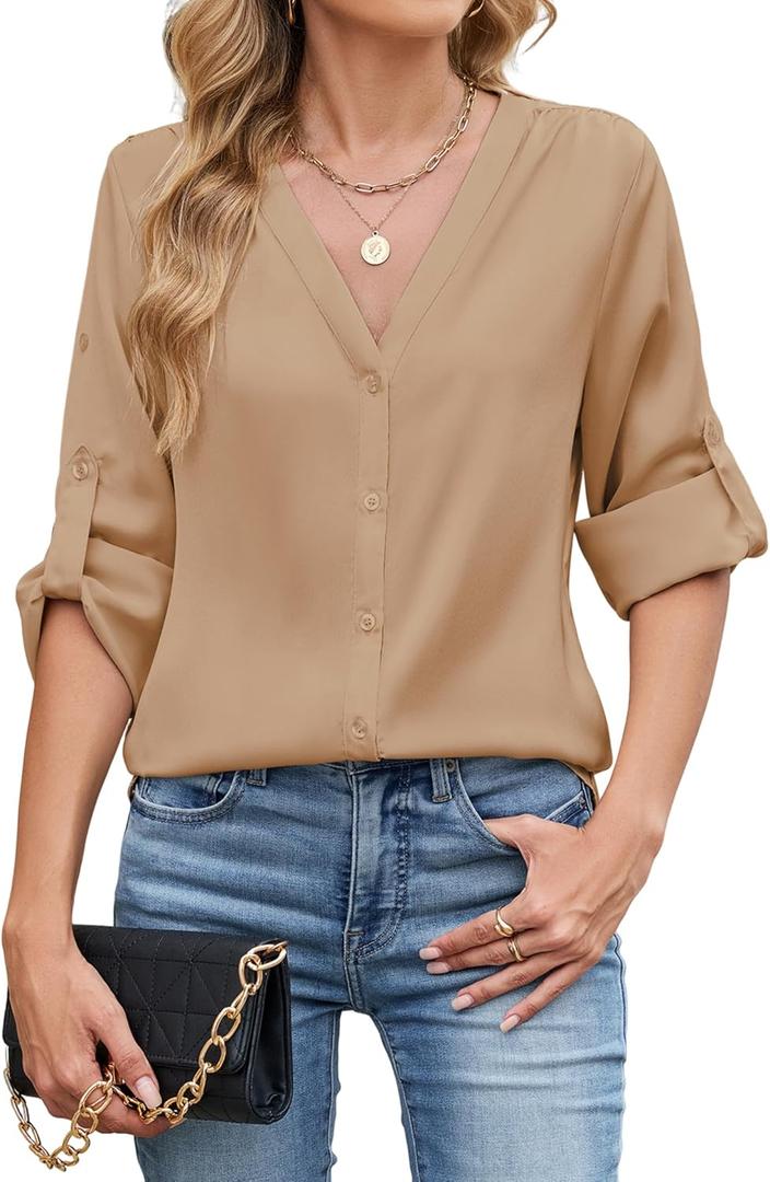 ZAFUL Womens Button Down Shirts 3/4 Long Sleeve Dressy Casual Tops Satin Silk Business Blouses Champagne L (White, L)