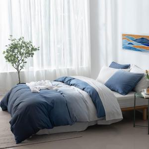 100% Cotton Duvet Cover Twin Size - Reversible Ocean Blue Duvet Cover Set with Button Closure, Gradient Navy Blue Bedding Set 2 Pcs, 1 Duvet Cover 68"x90" with 4 Corner Ties and 1 Pillow Sham 20"x26"