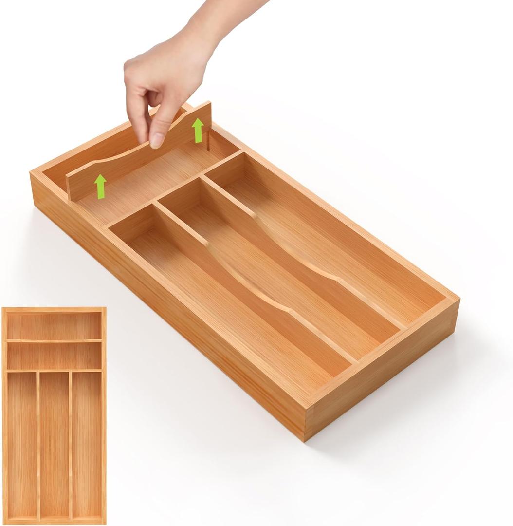 Unibambou Bamboo Utensil Drawer Organizer with Removable Dividers, Kitchen Organizer for Flatware Cutlery, Silverware Tray for Drawer (5/4 Flexible Slots, Natural)