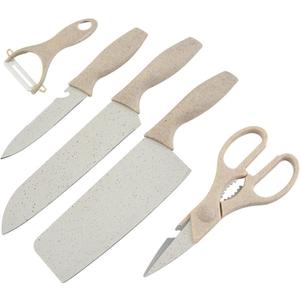 ZINC WEALD Boxed Kitchen Knife Set Block Wheat Straw blades Nonstick for Kitchen Cutting Meat Scissors Ceramic Peeler for Slicing Paring Fruits Vegetables (Beige)