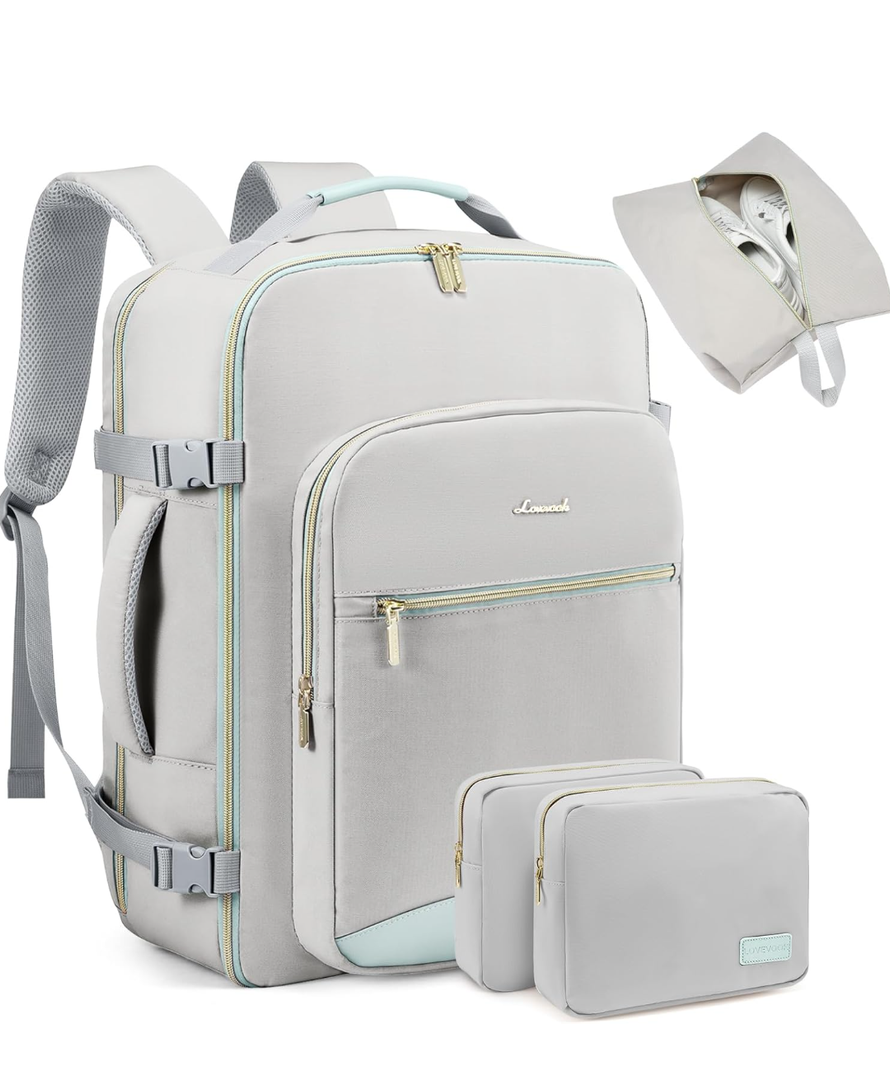 LOVEVEOOK Travel backpack for women, 40L Personal Item Travel Bags with 2 Packing Cubes, Waterproof Carry on Backpack for Airplanes Sports Luggage Backpack Large Hiking Backpack,Light grey-Mint green Large