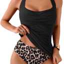 Eomenie Womens Halter Tankini Bathing Suit Ruched Tummy Control Two Piece Swimsuit with Bottom (Medium, Black Leopard)