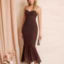 KUTUMAI Women Bodycon Long Formal Dress Asymmetric Hem Lace Neck Wedding Guest Cocktail Maxi Dresses Brown M (Brown, S)