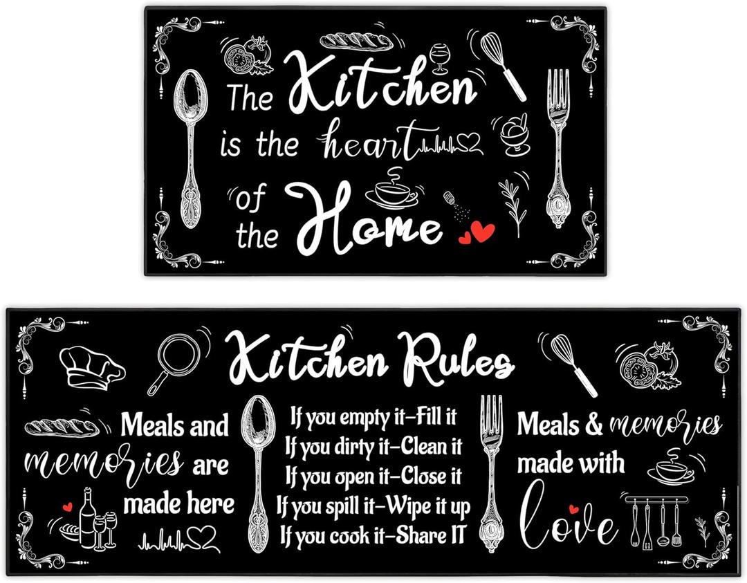 2 Piece Farmhouse Kitchen Rug Set, Black and White Style Theme Decor Kitchen Rugs, Non-Slip Absorbent Washable Floor Mats, Home Indoor Runner Carpet 17x30+17x47 Inches (1'5" x 3'11" (Rectangular), Black 1)