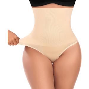 Werena Tummy Control Thong Shapewear for Women High Waisted Body Shaper Shaping Thong Girdle Novelty Hipster Panties (Beige, M)
