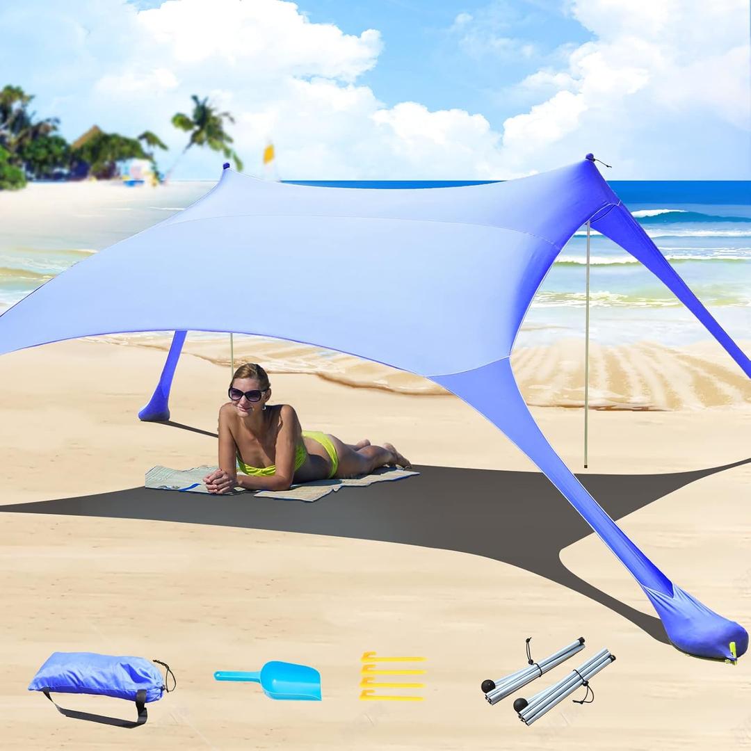 77 FT Beach Tent Sun Shelter UPF50+ UV Protection, Outdoor Canopy Tent Sun Shade with 2 Poles for Camping, Fishing, Backyard and Picnics with Sandproof Beach Blanket Royal Blue