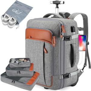 Lumesner Carry on Travel Backpacks, Extra Large 40L Flight Approved for Men & Women,Expandable Suitcase backpack (Rolling-Grey)