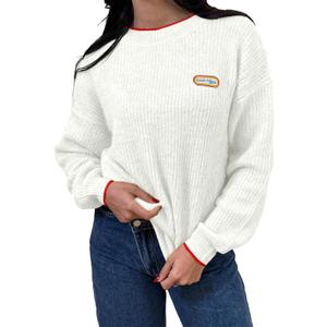 Saodimallsu Womens Sweaters Crew Neck Long Sleeve Knit Contrast Piping Stripe Lightweight Casual Fall Pullover Tops 2025 (Medium, White)