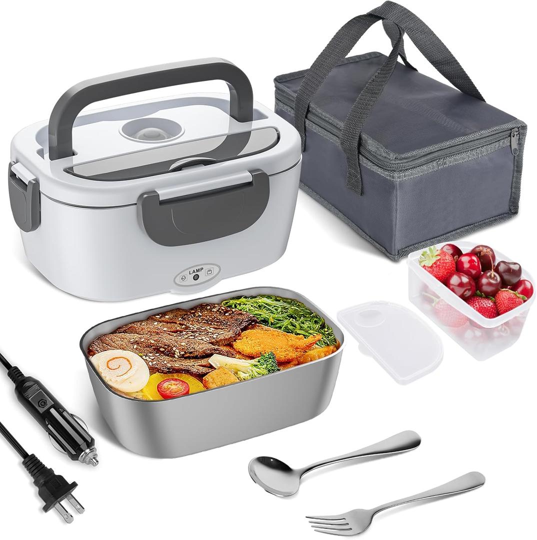 Vabaso Electric Lunch Box Food Heater, 80W Electric Heating Lunch Boxes Lunch for Car/Men/Adults/Home/Work, 1.5L Removable 304 Stainless Steel Container, 110V/12V/24V, with Fork & Spoon (White Gray)