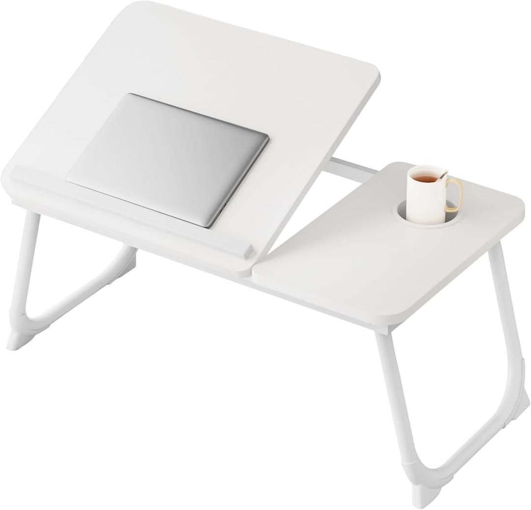 Laptop Desk for Bed, Adjustable Laptops Stand with 5 Adjustable Angles, Portable Lap Tray Table with Cup Holder, Laptop Bed Desk Tray for Eating Working Writing Reading (White)