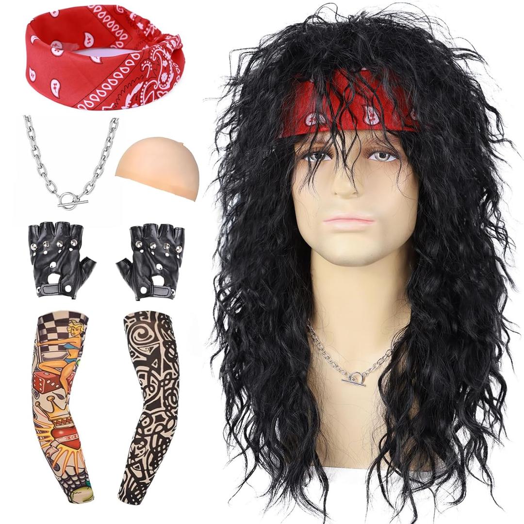 6Pcs Rocker Mullet Wig for Men Women UnisexLong Curly Black Wig with Bandana Tattoo Sleeve Gloves Necklace for 70s 80s 90s Cosplay Costume Halloween Party