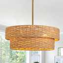 22.8in Woven Rattan Lighting Fixture, Large Boho Coastal Pendant Lights, 2-Tier Rope Chandelier with Fabric Shade for Kitchen Island, Dining Room, Bedroom, Restaurant, Hallway (Brown)