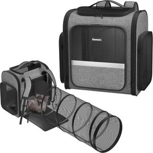Pawtners Cat Carrier Backpacks Expandable Cat Backpack with Breathable Mesh, Pet Carrier Backpack for Cats Small Dogs Puppies Up to 18 Lbs, Dog Carrier Backpack for Travel Hiking Camping Outdoor (15.7"L x 12.6"W x 15.0"H, Grey with Tunnel)
