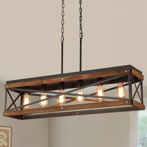 Rustic Farmhouse Wood Kitchen Island Lighting, 6 Lights Rectangular Pendant Light Fixture, Adjustable Chain Oak Wood and Metal Linear Chandelier for Dining Room Kitchen Island Farmhouse, Black, Large 6 Lights