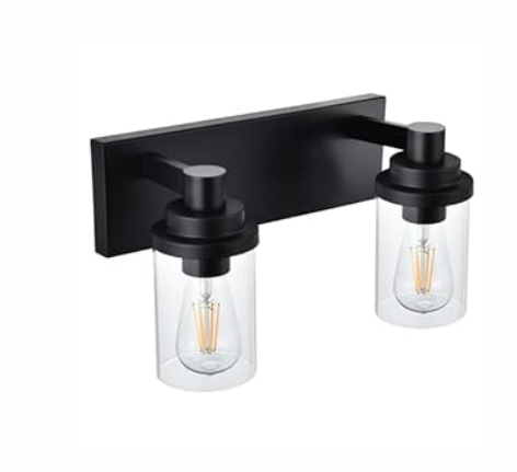 MELUCEE 2-Light Farmhouse Matte Black Bathroom Vanity Light with Clear Glass Shade, Wall Sconces Wall Mount Light for Bedroom Powder Room Hallway, E26 Base