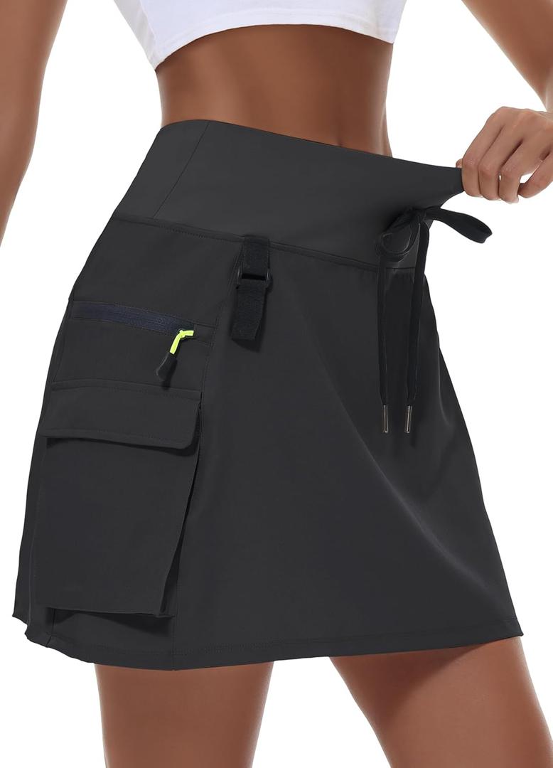 Women's Hiking Cargo Skort Skirt High Waisted Golf Dressy Casual with Zipper Pockets Workout Sport Quick Dry Skirts (X-Large, Black)