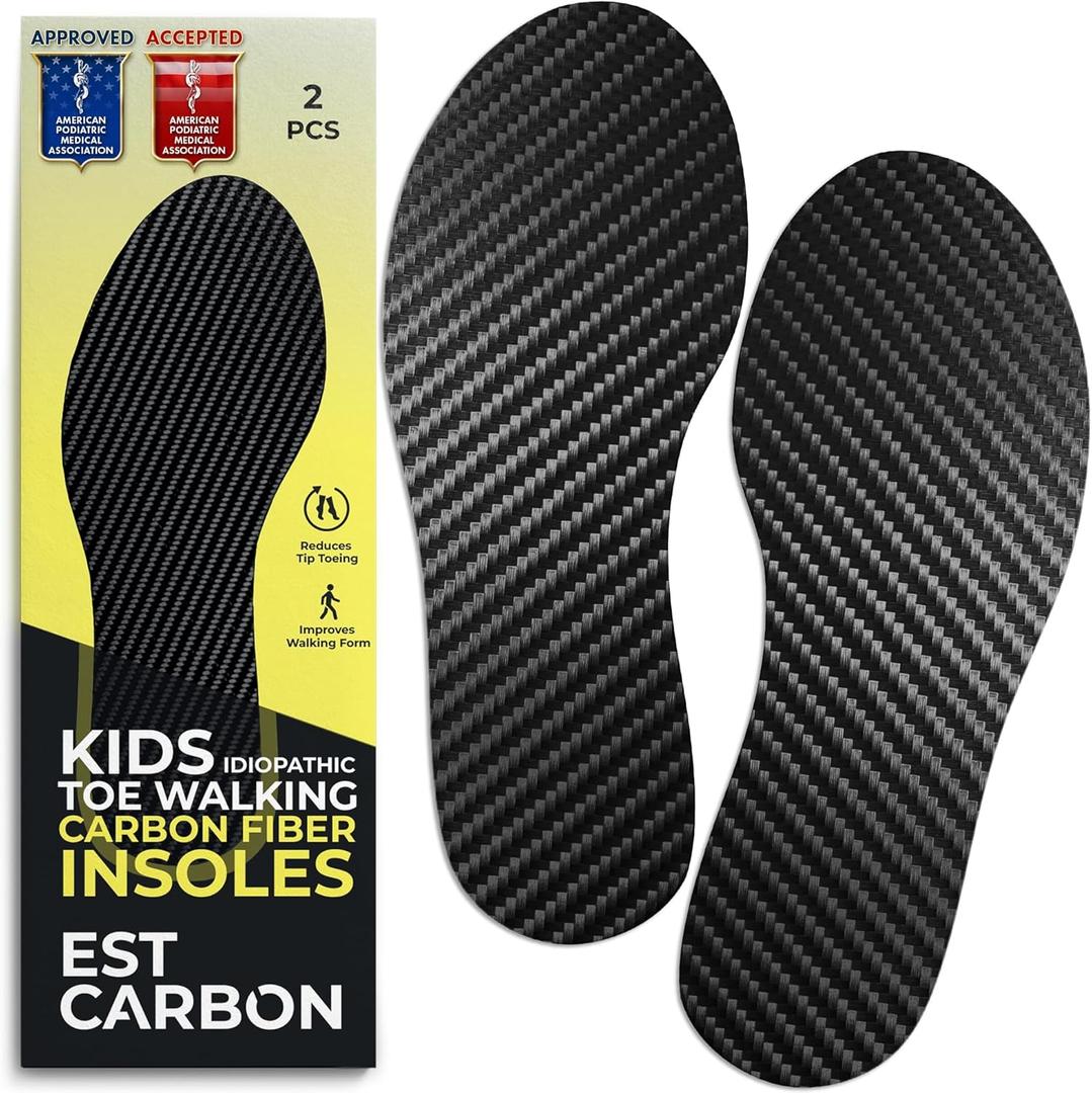 EstCarbon - Kids Carbon Fiber Insoles - Little Kid Size 12, 2 Pieces - Orthotic Shoe Inserts - Tip Toe Walking Correction - Sports Footplate for Soccer Cleats, Sneakers, Shoes
