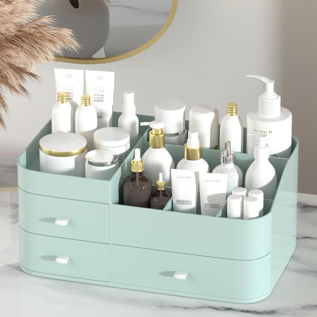 MIUOPUR Makeup Organizer for Vanity, Large Capacity Desk Organizer with Drawers for Cosmetics, Lipsticks, Jewelry, Nail Care, Skincare, Ideal for Bedroom and Bathroom Countertops - Large Green