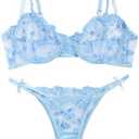 Lilosy Sexy Underwire Cute Push Up Strappy Embroidered Mesh Sheer Lingerie Set See Through Panty Bra, L