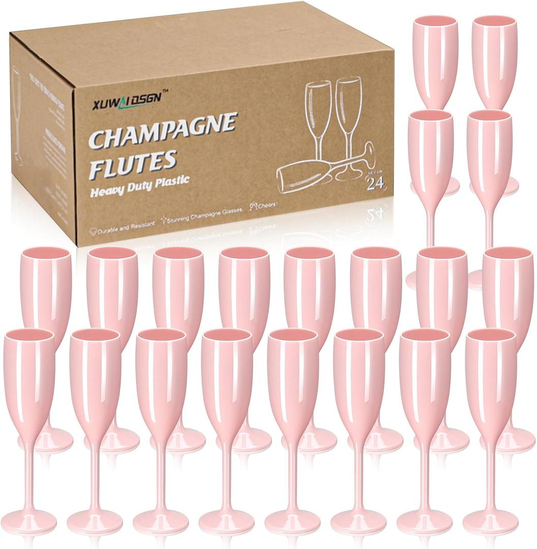 XUWAIDSGN Champagne Flute Acrylic Champagne Glasses Wedding Toasting Champagne Flute Goblet Plastic Reusable Unbreakable Champagne Cups for Bachelorette Wedding Bridal Shower Party (Light Pink, 24)