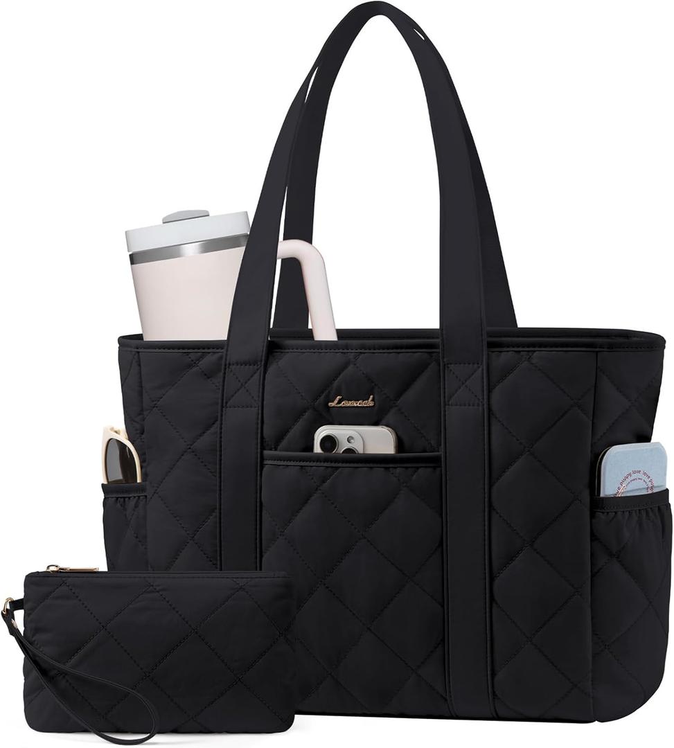 LOVEVOOK Puffer Tote Bag for Women with Cup Holder,Work Tote Bag with Zip, Quilted Nurse Teacher Shoulder,Gifts for Her (15.6In)