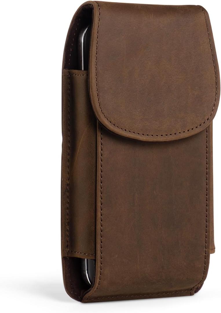 Hengwin Top Grain Leather Phone Holster Cell Phone Holster with Belt Clip/Loop, Phone Pouch Belt Holder Carrying Case Fits for iPhone 16 Plus 15 Plus Samsung Galaxy S26 Ultra S25 Edge (Retro Brown) (Large)