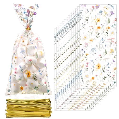 Sweetude 100 Pcs Cellophane Treat Bags Wildflower Party Favor Goodie Bags Plastic Clear Candy Gift Bag with Twist Ties for Baby Shower Bridal Shower Wedding Party, 11"x 5"(Floral)