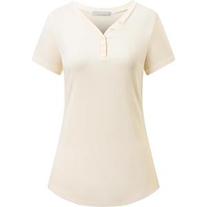 Kaleforneo Women's Short Sleeve Sweater 2026 Spring Summer Lightweight V Neck Button Tops Blouses Business Casual Outfit Apricot S