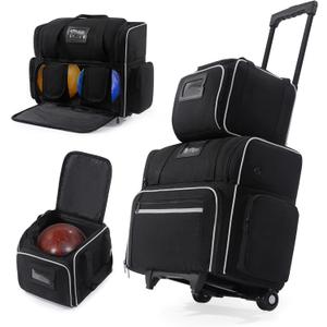 BALAPET Stable 3 Ball Bowling Bags with Wheels, Portable Bowling Bag 3 Ball Roller with Separate Shoe Compartment and Accessory Pocket, Add On Tote and Pushable Roller