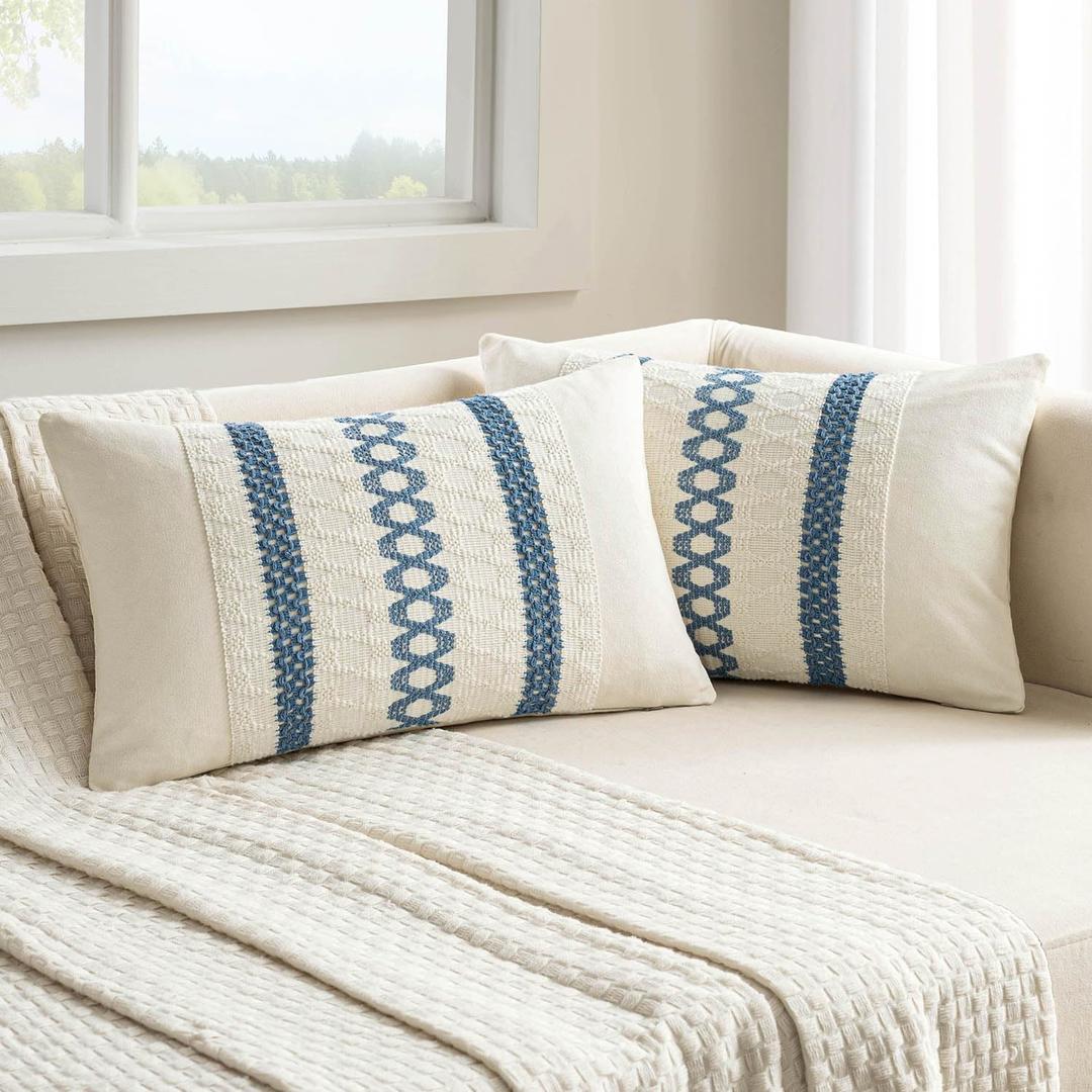 MIULEE Set of 2 Coastal Blue Boho Decorative Lumbar Pillow Covers 12x20 Inch Farmhouse Rustic Couch Throw Pillows Modern Summer Cushion Covers Retro Cute Macrame Woven Spring Decor for Bed Sofa Chair