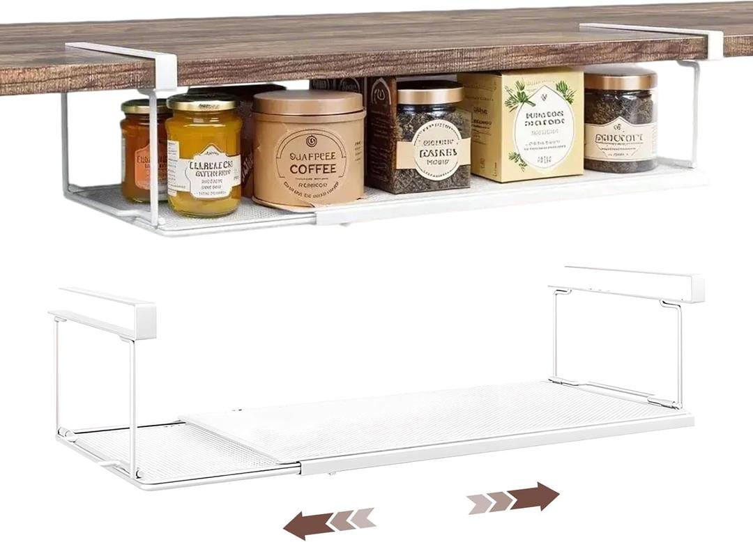 Expandable Hanging Under Shelf Storage Basket,Under Shelf Storage Basket Organizer,Under-Shelf Hanging Baskets for Cabinet,Pantry, Desk Organization,8.27"D x 15.16"-27.76W x 7.68"H,White