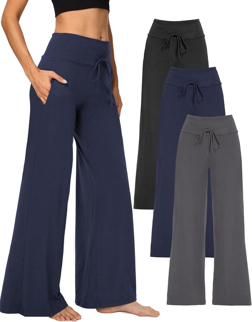 Showitty 1/3 Pack Women's Wide Leg Pants with Pockets, Casual Loose Pajama Palazzo Trousers Sweatpants for Yoga Lounge (X-Large, 01 Black, Dark Grey, Navy Blue)