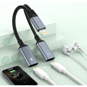 2-in-1 iPhone to Dual Lightning Audio Jack Headphone and Charger Cable Power Splitter,Earphone Converter Adapter Support Music+Charge+HiFi+Mic for iPhone 14 Pro/14 13 12,iPad Apple MFi Certified