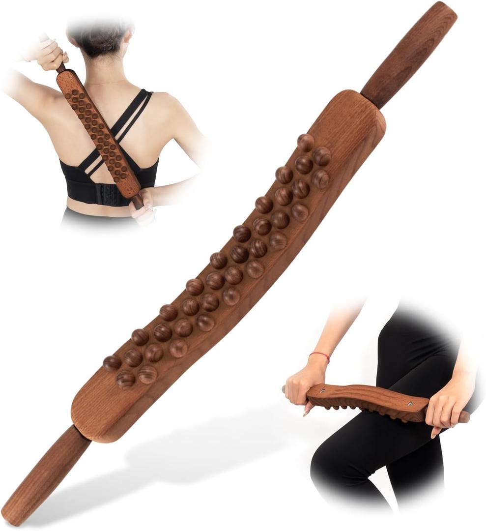 Body Gua Sha Wood Stick Massage Tool, 24 Inch Therapy Massager With 34 Beads for Lymphatic Drainage, Trigger Point and Body Sculpting
