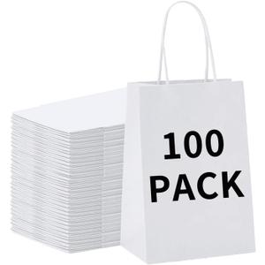BAG BOX 100 Pack 5.9x3.1x8.25 Inch White Gift Bags with Handles, Bulk Kraft Paper Bags for Shopping, Retail, Merchandise, Wedding, Party Favors, Paper Grocery Sacks