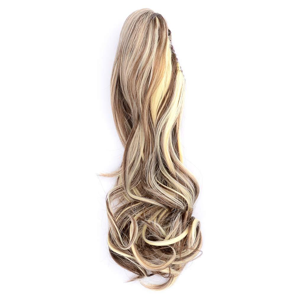 DIGUAN 13 Inches Ombre Claw Clip In Wavy Loose curly Synthetic Wrap Around Ponytail Extensions Short Pony Tail Clip In Extensions for Women Girl 4oz/115g (8H613-Dark Brown mix White Blonde)