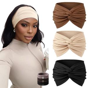 7-Inch Wide Headbands for Women – 3 Pack Soft Thick Turban Hair Bands, Bandana-Style Head Wraps for Workout Yoga Sleep, Fashion Accessories with 6 Pcs Hair Ties-Brown, Apricot, Black