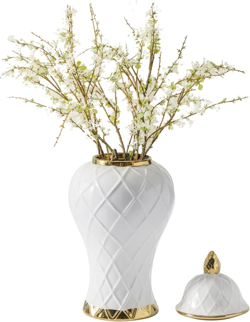 Ginger Jars for Home Decor, White and Gold Vase, Decorative Ceramic Ginger jar with lid, Porcelain Flower Vase for Centerpieces Jarrones, Storage jar, Table Center Vase, Temple Jar(14in)