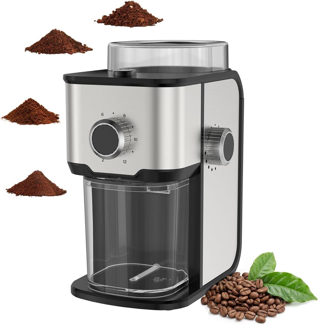 Ollygrin Burr Coffee Grinder Electric, Adjustable Flat Burr Coffee Grinder, Coffee Beans Grinder for Home Use, Compact with 14 Grind Sizes for Home & Office
