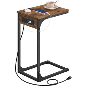 VASAGLE C-Shaped Side Table, End Table with Charging Station, C Table for Couch, Sofa, Adjustable Feet, for Bedroom, Living Room, 2 USB Ports and Outlets, Rustic Brown ULET362K01