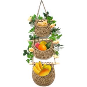 Hanging Fruit Baskets for Kitchen 3Tier Handmade Bohemian Wall Baskets for Organizing & Decorating Living Room Bedroom Wall Hanging Basket for Onion Storage & Fruit Storage
